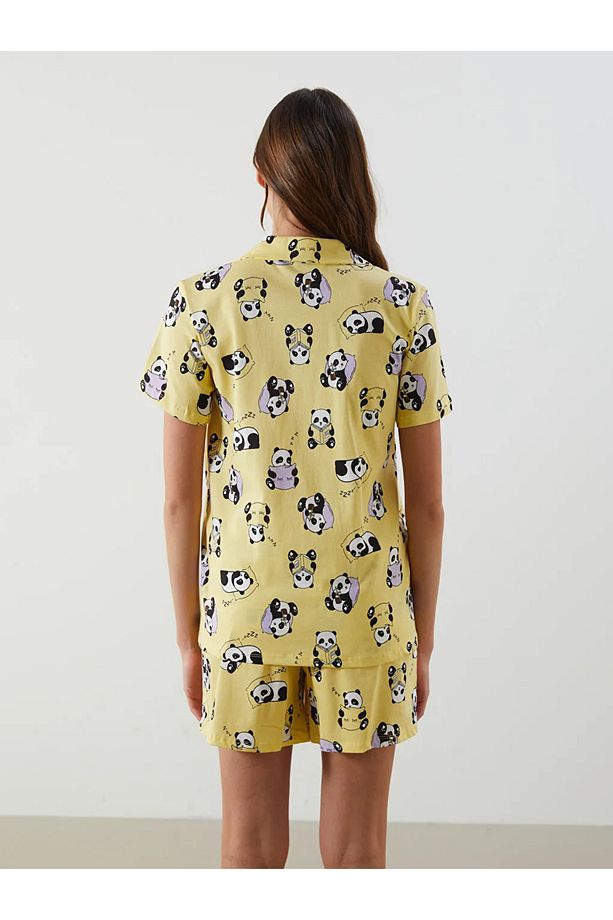 LCW Young Sari Gömlek Yaka Baskılı Kadın Şortlu Pijama Takımı - 4