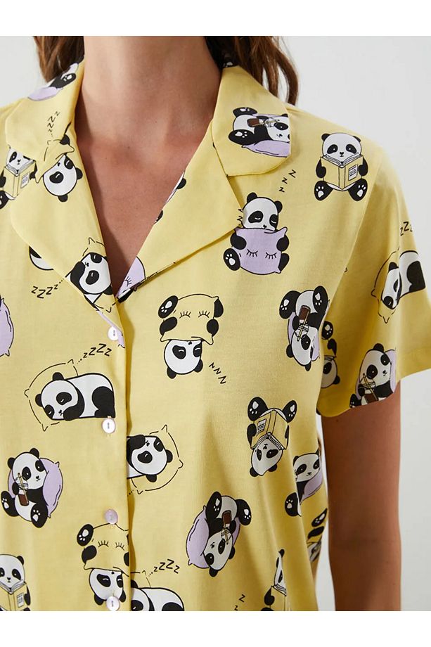 LCW Young Sari Gömlek Yaka Baskılı Kadın Şortlu Pijama Takımı - 3