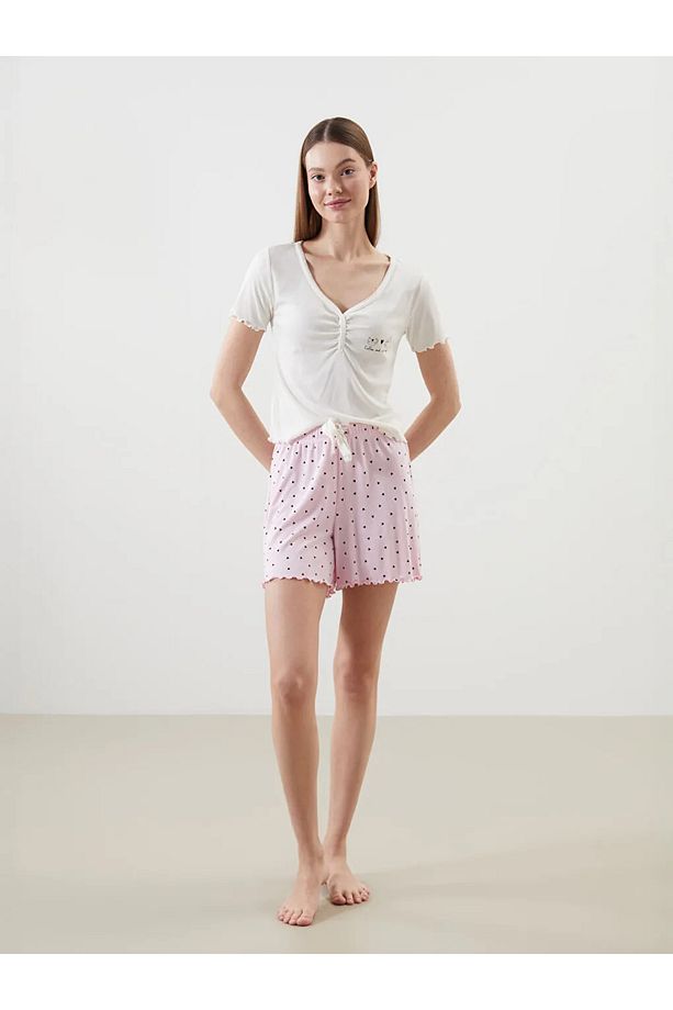 LCW DREAM Pembe Kalp Baskılı Kadın Şortlu Pijama Takımı - 1