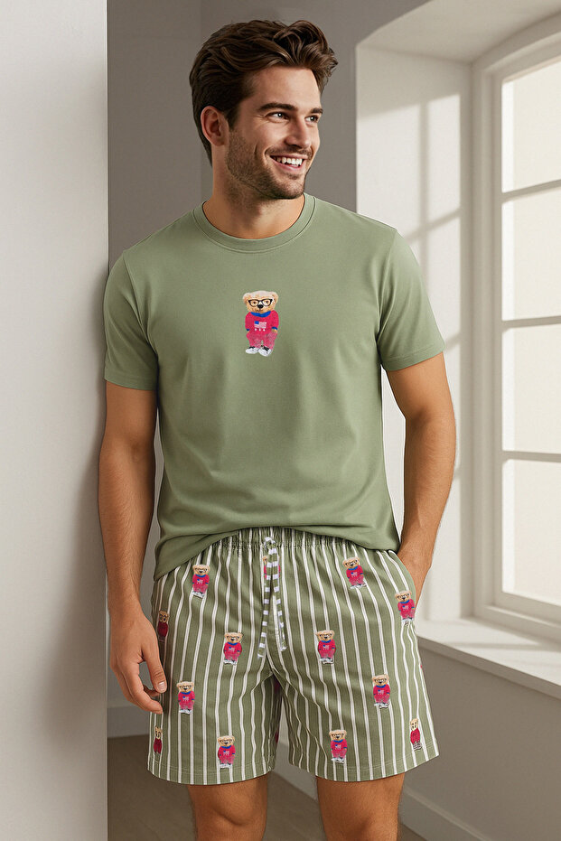 Haki Regular Fit Baskılı Örme Şortlu Pijama Takımı TMNSS24PT00034 - 1