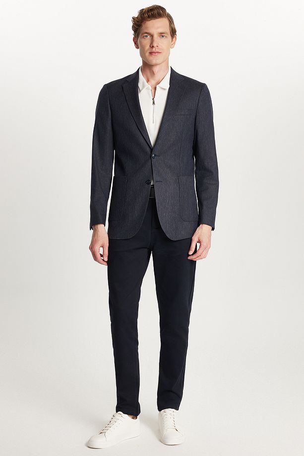 Erkek Slim Fit Mono Yaka Çift Yırtmaçlı Casual Lacivert Tek Ceket - 5