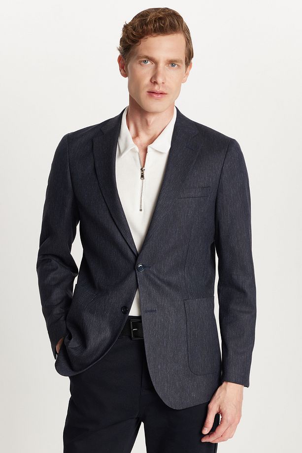 Erkek Slim Fit Mono Yaka Çift Yırtmaçlı Casual Lacivert Tek Ceket - 3
