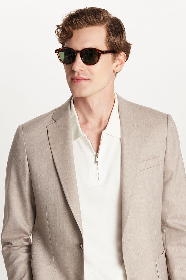 Erkek Slim Fit Mono Yaka Çift Yırtmaçlı Casual Bej Tek Ceket - 3