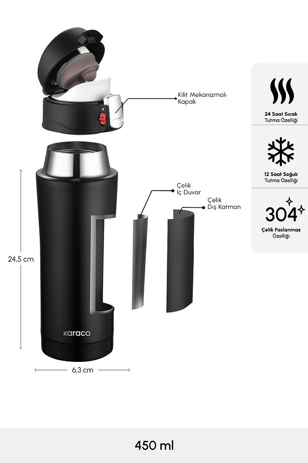 Pluton Çelik Sızdırmaz Termos 450 Ml Siyah - 2