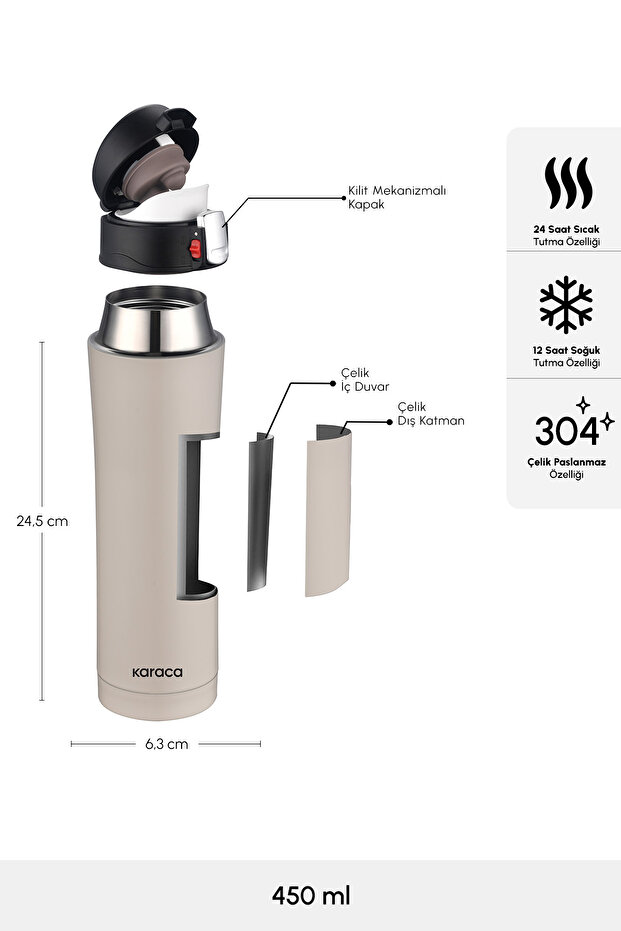 Pluton Çelik Sızdırmaz Termos 450 Ml Krem - 2