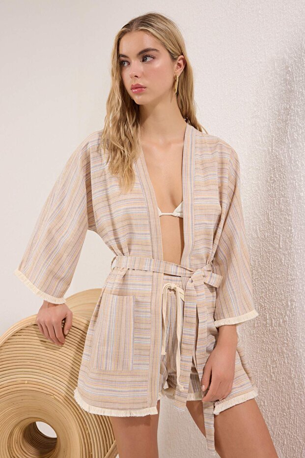 Çizgili Dokuma Püskül Plaj Mini Kuşaklı Kimono&Kaftan TBESS25KM00033 - 2