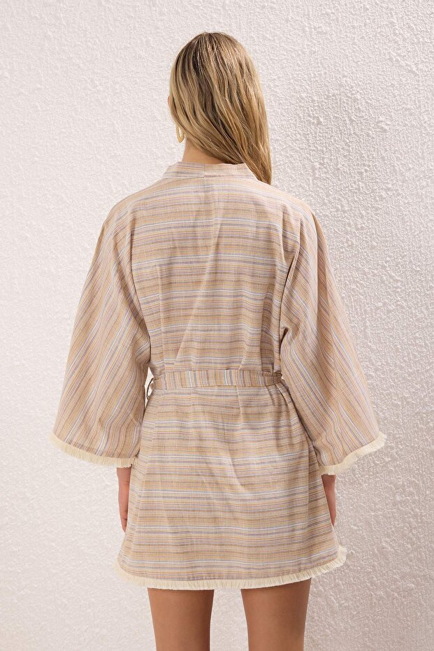 Çizgili Dokuma Püskül Plaj Mini Kuşaklı Kimono&Kaftan TBESS25KM00033 - 4