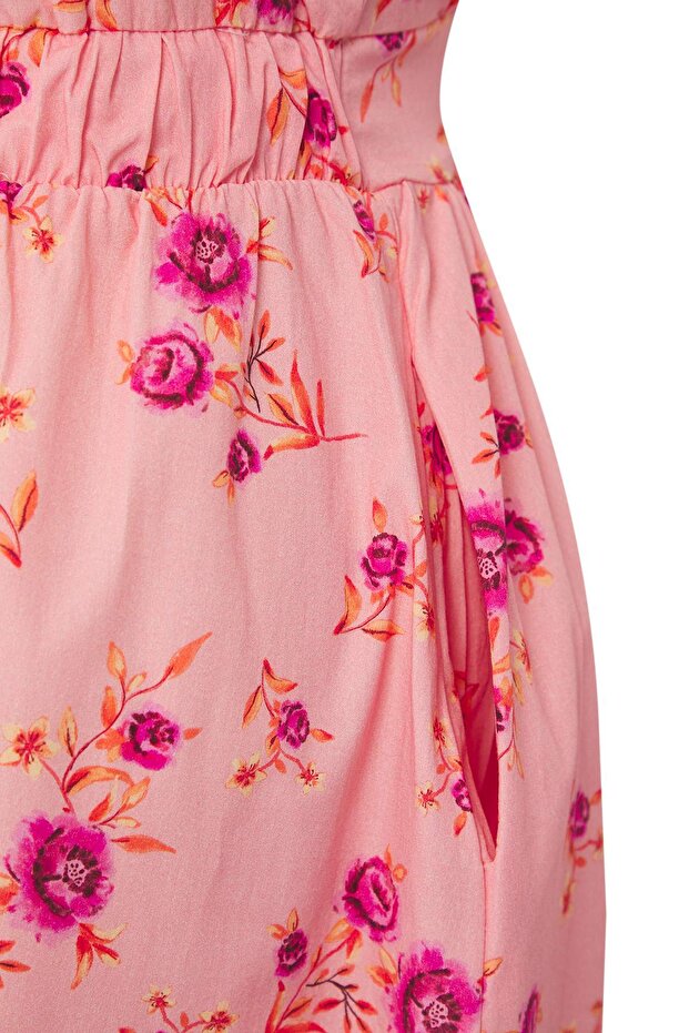 Pembe Çiçekli Poplin %100 Pamuk Bebe Yaka Midi Dokuma Büyük Beden Elbise TBBSS25AH00158 - 8