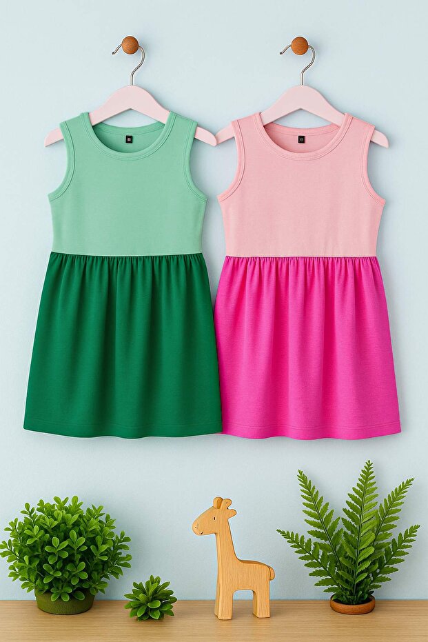 Pembe-Mint 2'li Kız Çocuk %100 Pamuk Renk Bloklu Kolsuz Örme Elbise TKDSS25EL00093 - 1