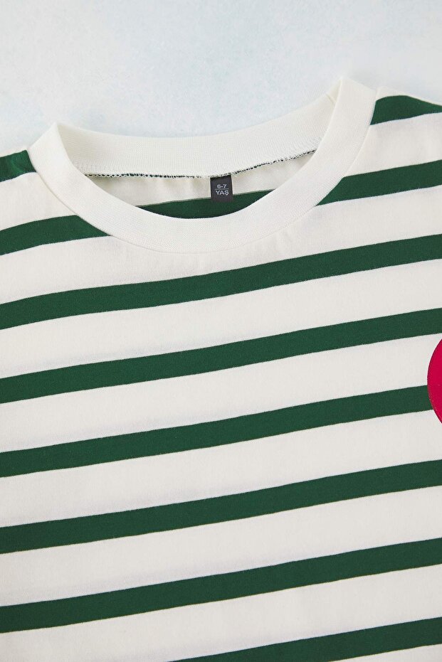 Yeşil Çizgili Örme T-Shirt TKDSS25TS00037 - 8