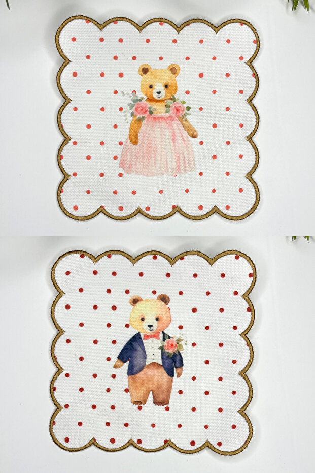 Watercolor Teddy Bride Groom Designed Embroidery Edge Cocktail Napkins 2 Pcs