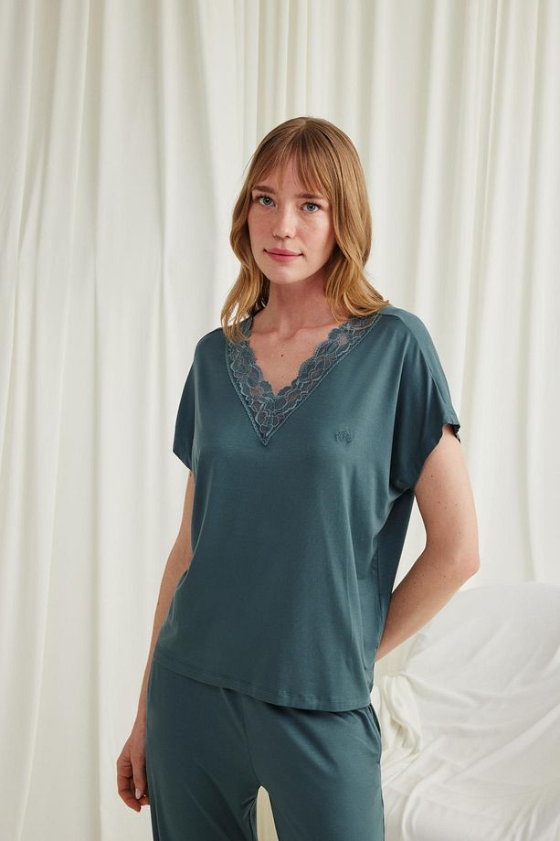 Kısa Kollu V Yakalı Dantelli Pijama Takımı - 5