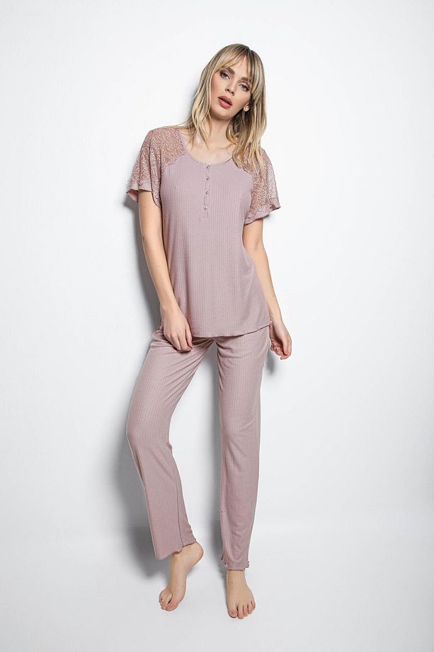 Brode Dantelli Önü Düğmeli Pijama Takımı - 1