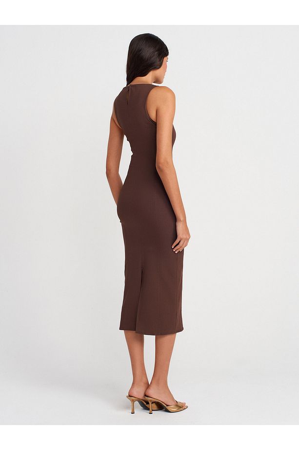 91099 Vücuda Oturan Midi Elbise-Kahve - 2