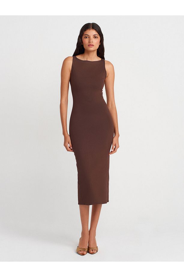 91099 Vücuda Oturan Midi Elbise-Kahve - 4