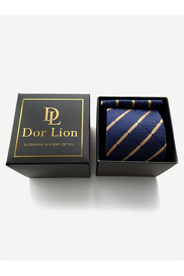 Çizgili Lacivert Kravat Ve Mendil - 7 Cm - 3