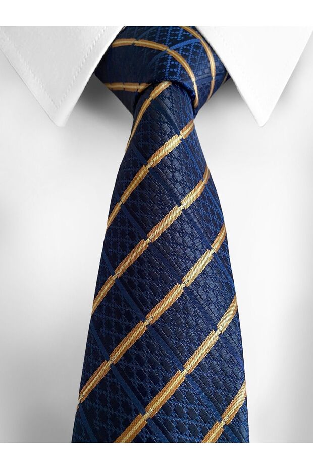 Çizgili Lacivert Kravat Ve Mendil - 7 Cm - 2