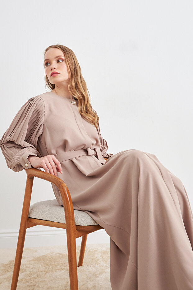 Kolları Piliseli Abaya - Bej - 3