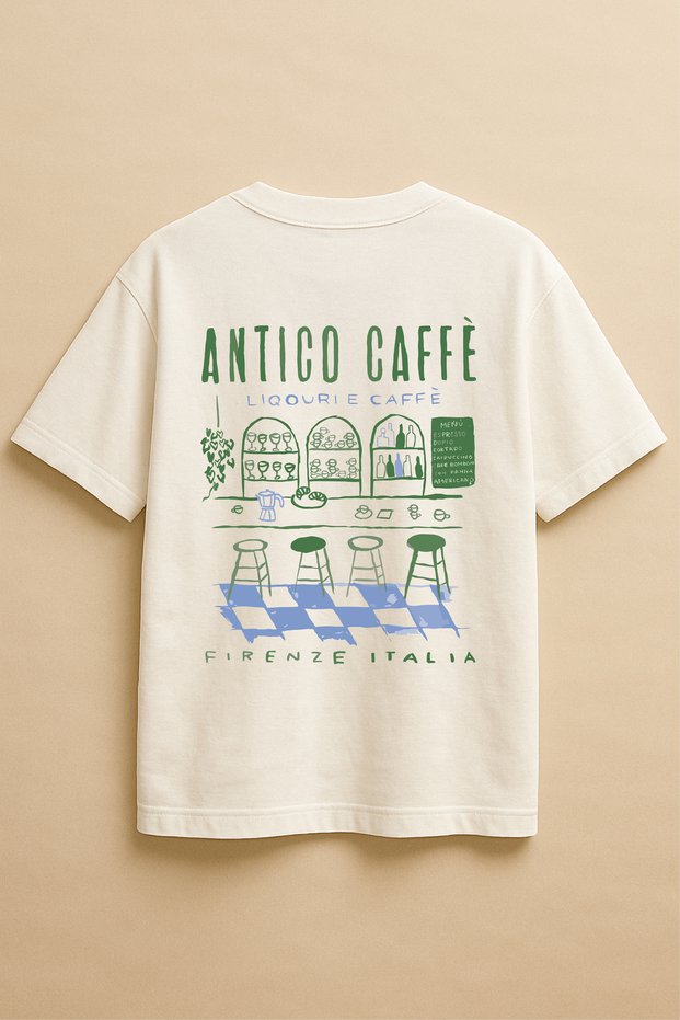 White Color Oversize Antico Caffe Cafe Printed Unisex T-Shirt T-Shirt