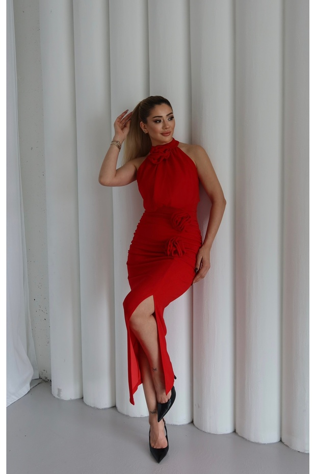 Women's Imported Crepe Fabric Rose Detailed Slit Lined Special Design Dress
