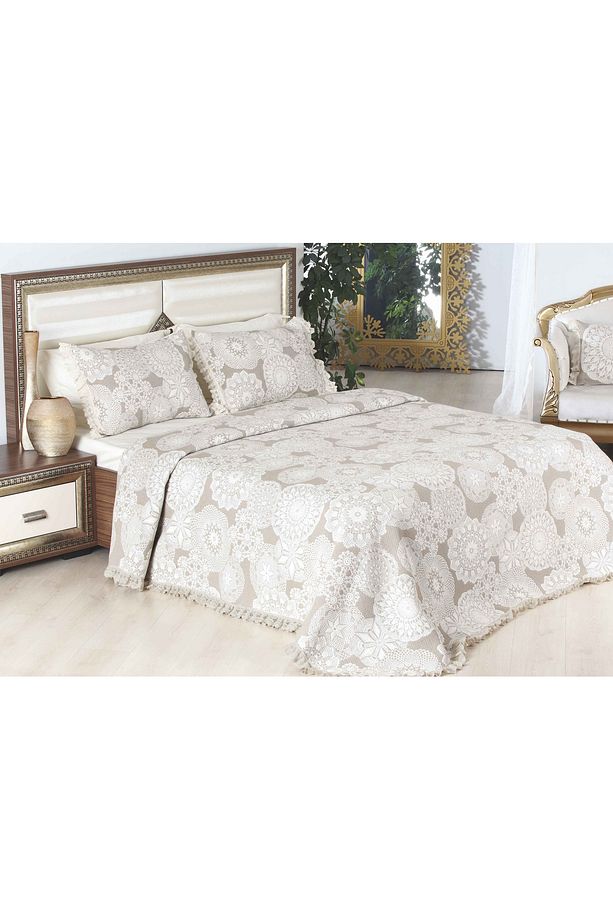 Nesta Jakarlı Dokuma Siyah Krem Dantel Desenli Çift Kişilik Yatak Örtüsü 260 x 260 cm - 2
