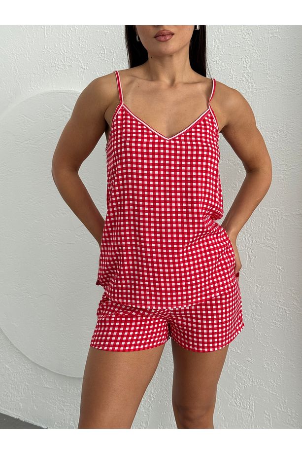 Ekose Şortlu Dokuma Pijama Takımı - 6