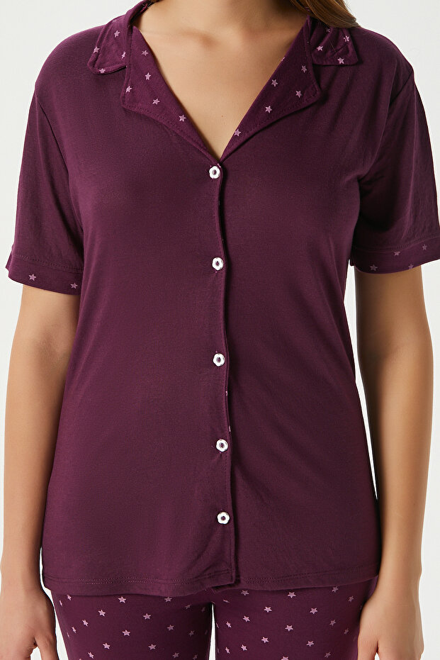 Kadın Jayla Viskon Yıldız Desen Ön Düğmeli Kısa Kol Mürdüm Alt Üst Pijama Takımı - 3