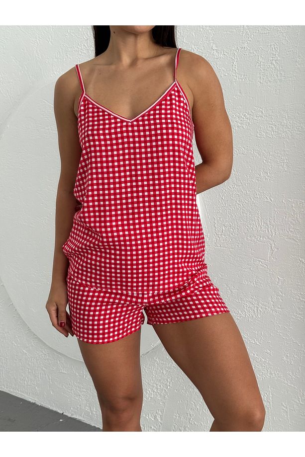 Ekose Şortlu Dokuma Pijama Takımı - 5