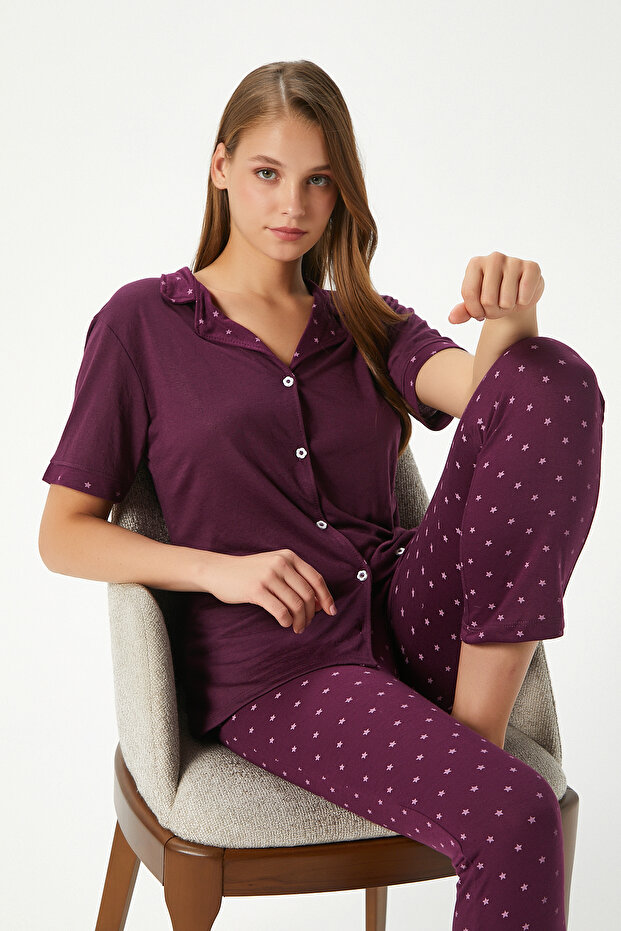 Kadın Jayla Viskon Yıldız Desen Ön Düğmeli Kısa Kol Mürdüm Alt Üst Pijama Takımı - 1