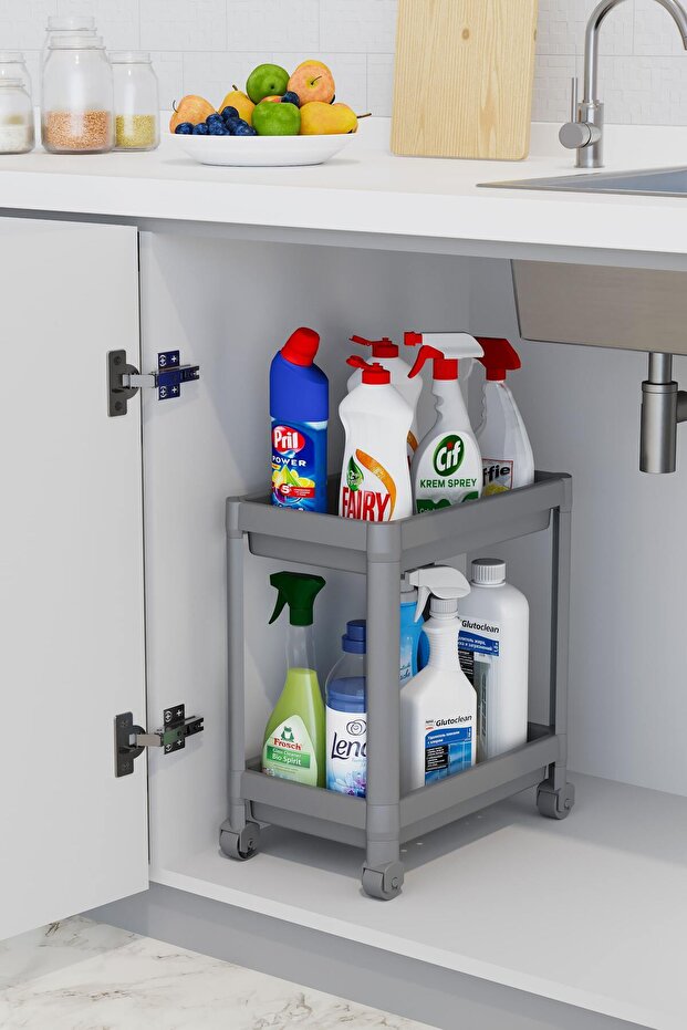 2 szintes kerekes rendszerező mosószer tartó konyha, fürdőszoba polc, szekrény, munkalap, mosogató alatti szürke - 1