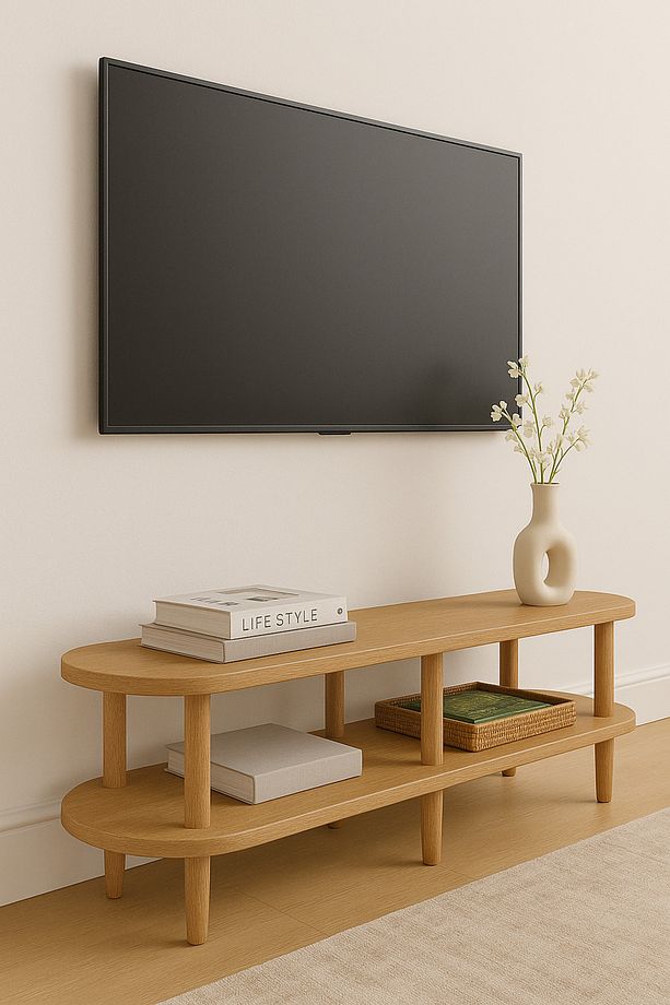 Kayın Masif Ahşap Oval TV Ünitesi -160x38cm – Modern 2 Katlı Raflı Tasarım Masif TV Ünitesi - 3
