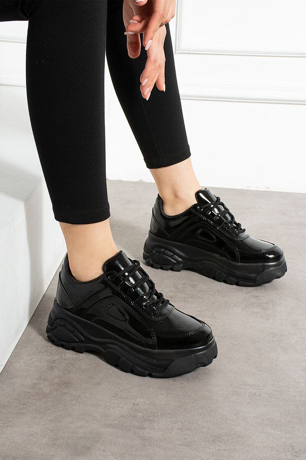 Siyah Rugan Günlük Kadın Spor Ayakkabı Bağcıklı Kalın Hafif Yüksek Taban Sneaker - 6