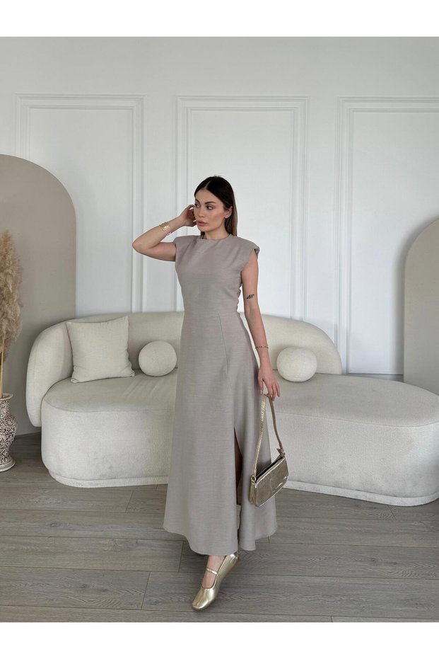 Padded Shoulders Design Slit Wide Flared Skirt Sleeveless Pinterest Summer Alternative Comfortable Stylish Midi Dress