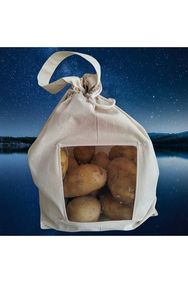 5 Kg Patates Saklama Torbası | Pamuk Ham Bez | Asetat Pencereli, İpli ve Saplı Doğal Bez Poşet - 1