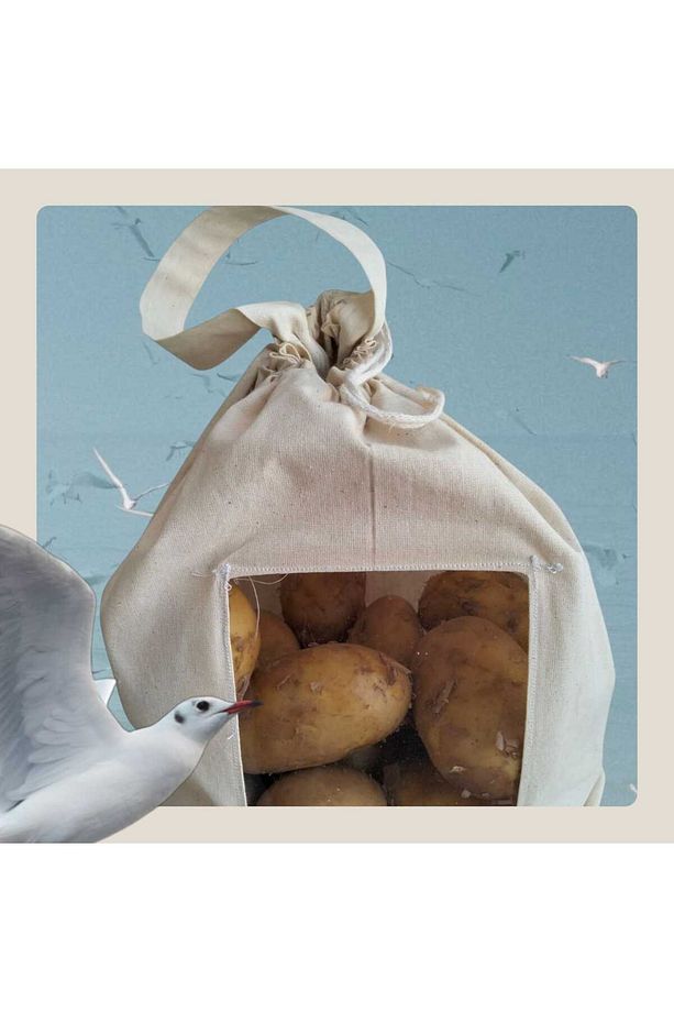 5 Kg Patates Saklama Torbası | Pamuk Ham Bez | Asetat Pencereli, İpli ve Saplı Doğal Bez Poşet - 5