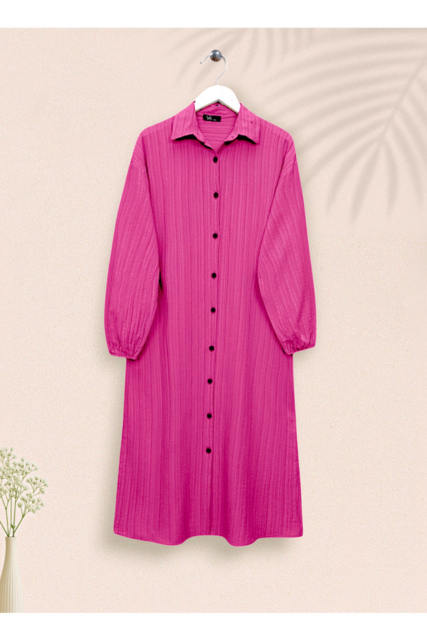 Long Crinkle Tunic with Buttons and Elastic Sleeves - Fuchsia - 5