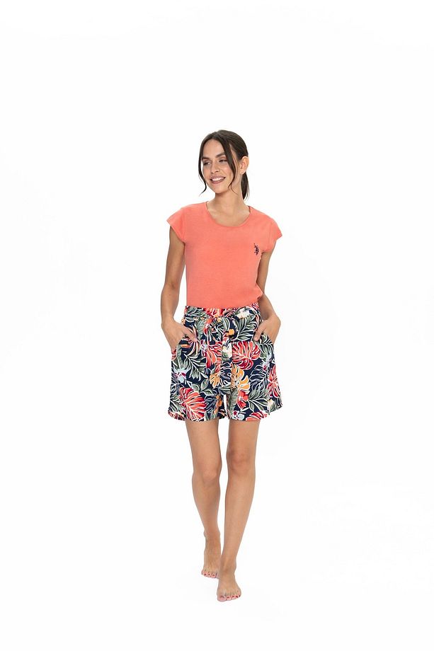 U.S. Polo Assn. Kadın Mercan Yaprak Desen Şort-Tshirt Pijama Takımı - BNLLY20S02H7W - 2