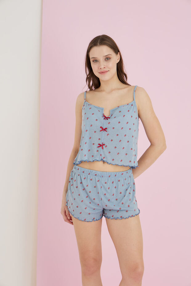 Jakarlı Viskon İnce Askılı Kurdeleli Şort Takım - 1