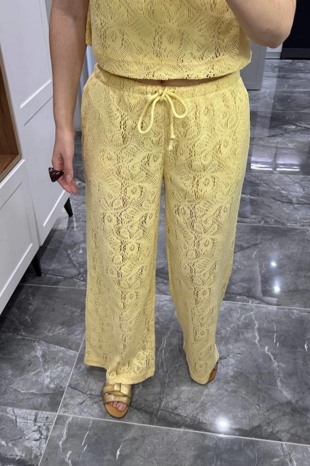 Kroşe Crop ve Şort Astarlı Pantolon Takım Sarı - 4