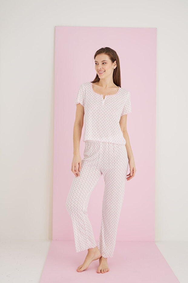 Jakarlı Viskon Dantelli Pijama Takım - 2