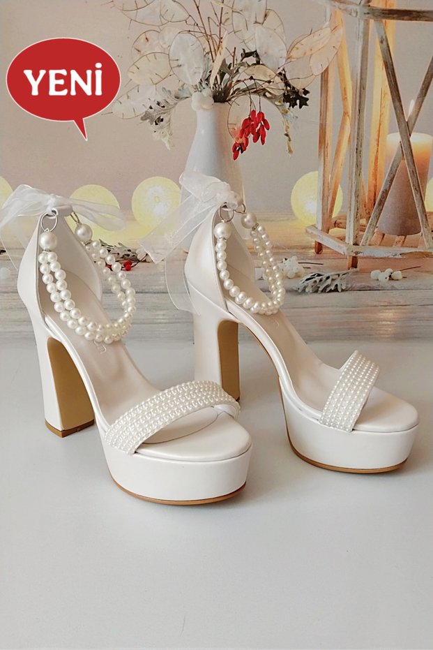 Women's 13 cm Platform Ecru Ankle Pearl Bridal Shoes