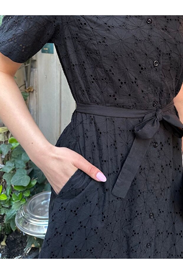 İTHAL PAMUK FİSTO ÇİÇEK DESENLİ CEP VE KEMER DETAYLI ASTARLI ELBİSE - 4