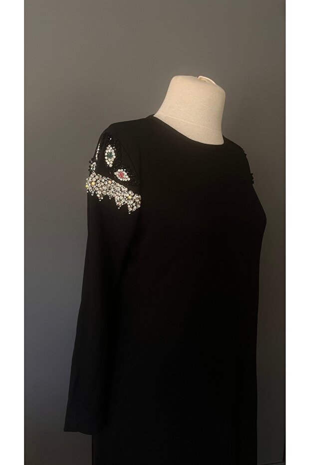 Taş İşlemeli Siyah Tasarım Maksi Elbise - 7