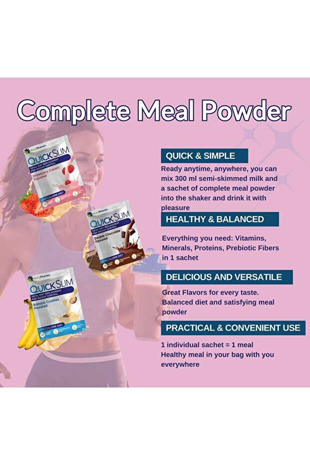 Quick Slim Diyet Shake - 60 Saşe - Yüksek Proteinli Öğün Tozu - Shaker Hediye - 7