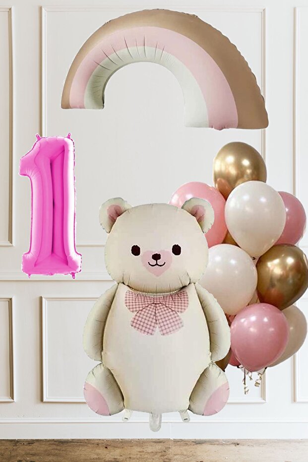 1 Year Old Birthday Cream Bow Tie Bear Pink Rainbow and Balloon Set with 10 Balloons