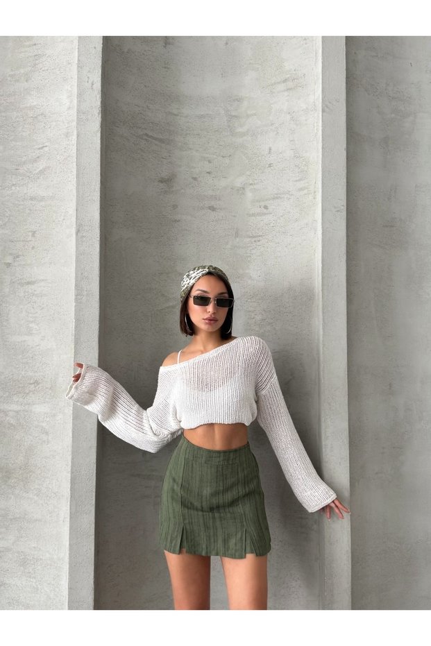 Slit Detail Linen Blended Mini Shorts Skirt Mıssetk2640
