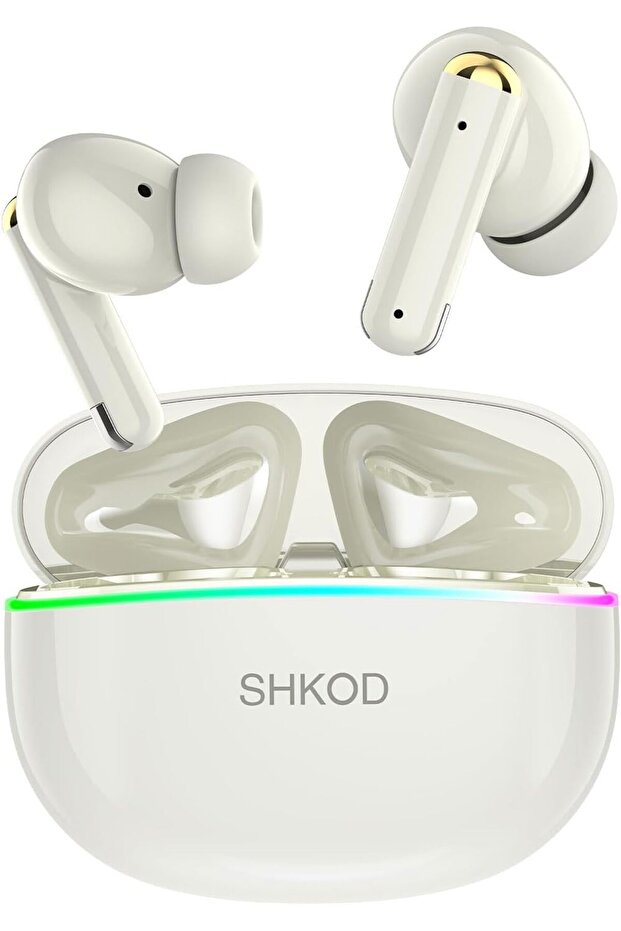 سماعات أذن لاسلكية SHKOD AirLits5 Pro، 4 ميكروفونات ENC، بطارية 45 ساعة، مشغل 13 مم، بلوتوث 5.4، أبيض