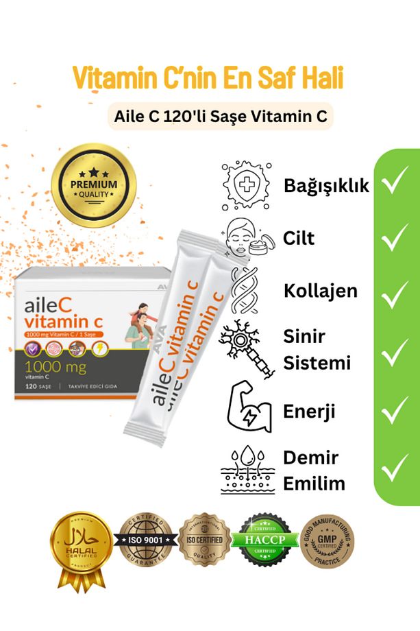 Aile C Saf 1000 mg C Vitamini Katkısız 120 Adet Saşe Yetişkin Çocuk Aile Ava Vitamin - 2