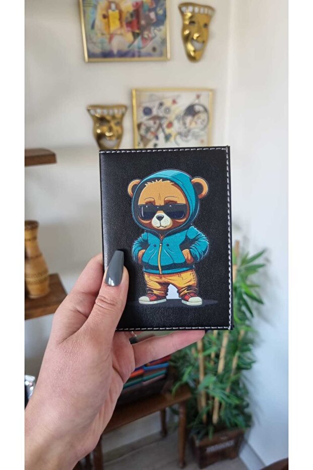 Leather Stitched License Case Container with Teddy Bear Auto Vehicle Motor License Holder License Protector