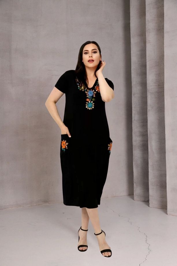Yakası Cepleri Çiçek Nakışlı Elbise - 5